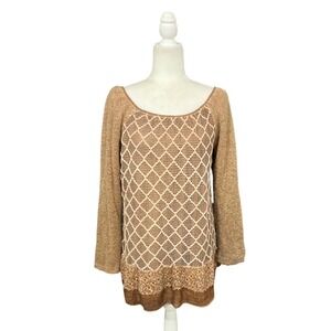 Belle France Boho Tunic Sweater Large Tan Mohair Blend Crochet Lace Italy